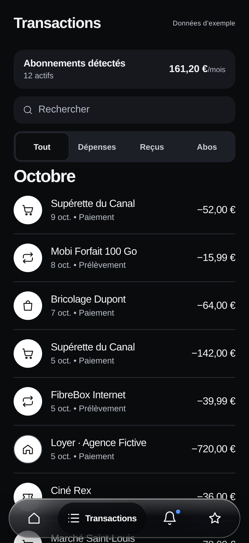 Liste des transactions d’octobre et total des abonnements